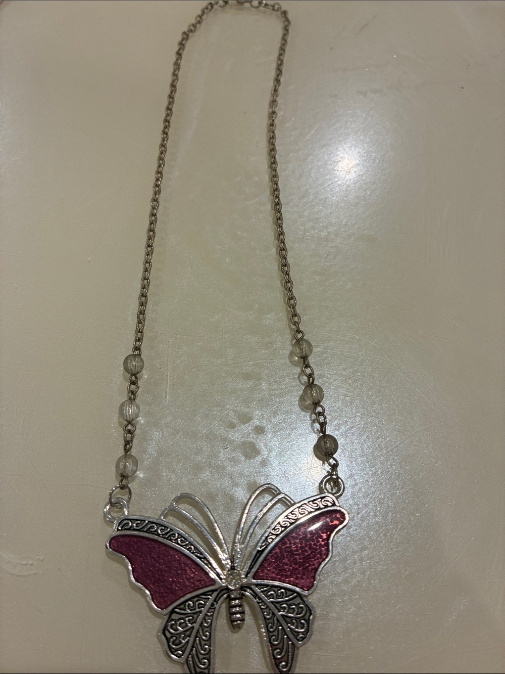 Butterfly Pendant Necklace - Pink Silver Finish